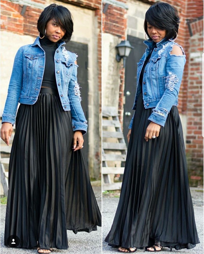 Denim Jacket with Black Turtleneck and Skirt